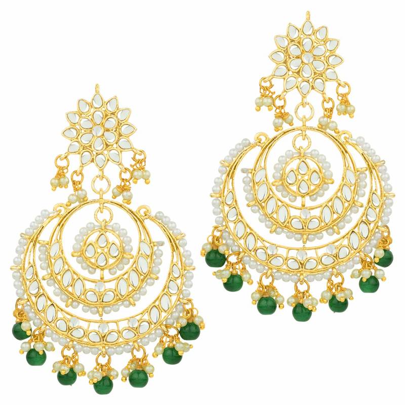 Traditional Gold Plated Wedding Chandbali Kundan & Pearl Earring Set With Maang Tikka for Women