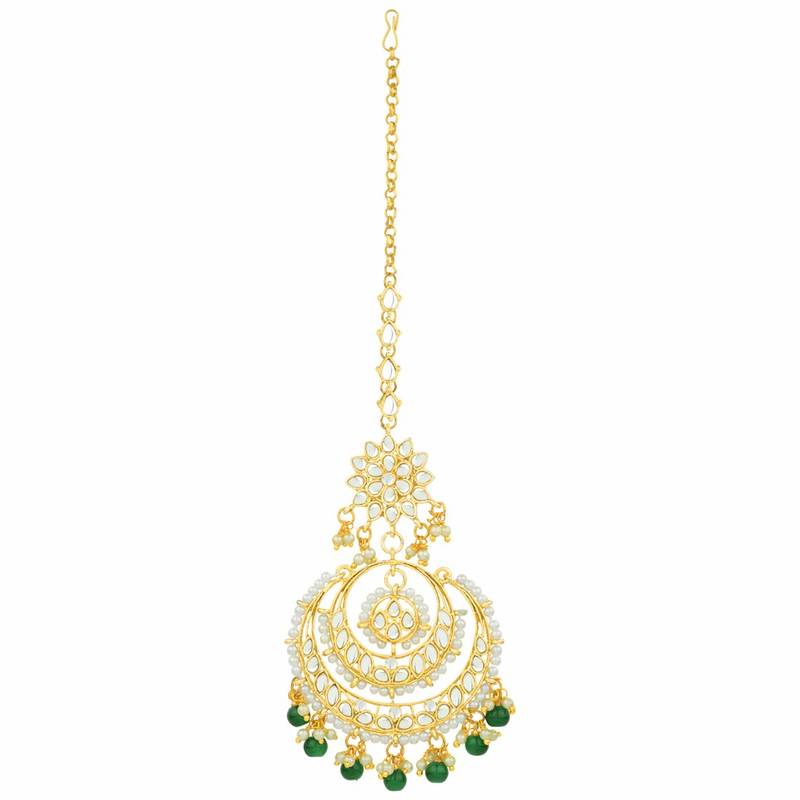 Traditional Gold Plated Wedding Chandbali Kundan & Pearl Earring Set With Maang Tikka for Women