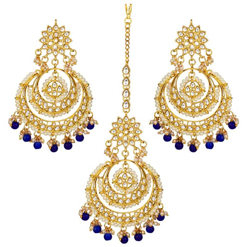 Traditional Gold Plated Wedding Chandbali Kundan & Pearl Earring Set With Maang Tikka for Women
