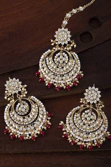 Traditional Wedding Chandbali Kundan & Pearl Earring Set With Maang Tikka for Women