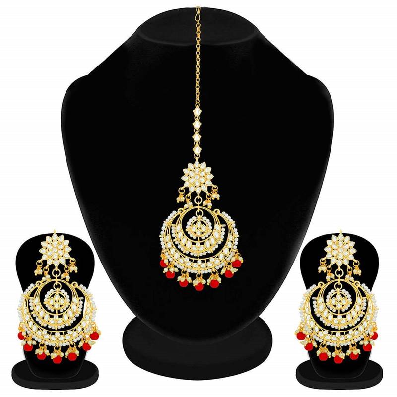 Traditional Wedding Chandbali Kundan & Pearl Earring Set With Maang Tikka for Women