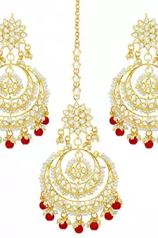 Traditional Wedding Chandbali Kundan & Pearl Earring Set With Maang Tikka for Women