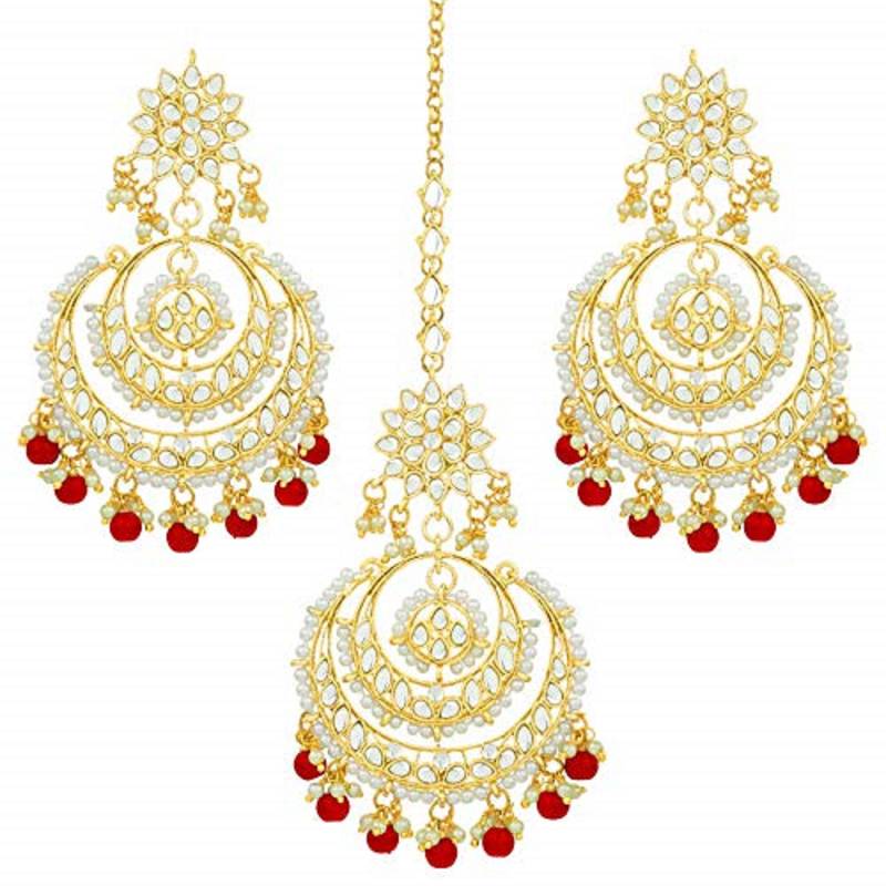 Traditional Wedding Chandbali Kundan & Pearl Earring Set With Maang Tikka for Women