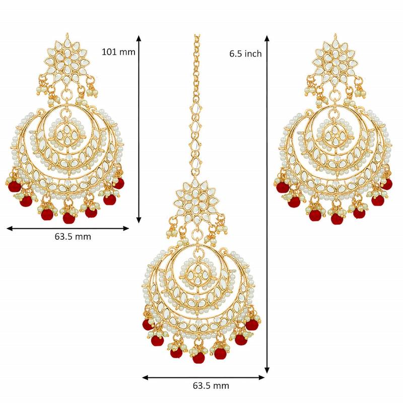 Traditional Wedding Chandbali Kundan & Pearl Earring Set With Maang Tikka for Women