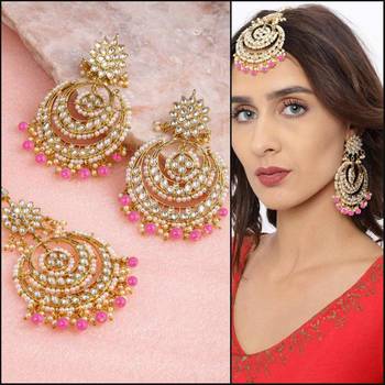 Traditional Wedding Chandbali Kundan & Pearl Earring Set With Maang Tikka for Women 2