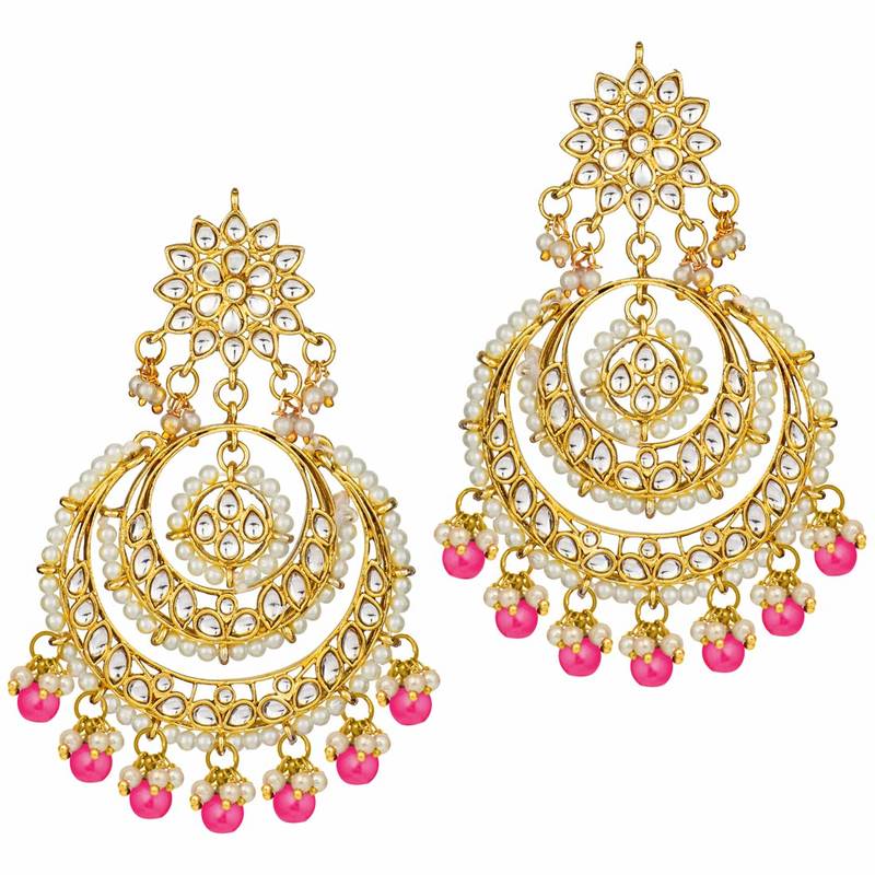 Traditional Wedding Chandbali Kundan & Pearl Earring Set With Maang Tikka for Women