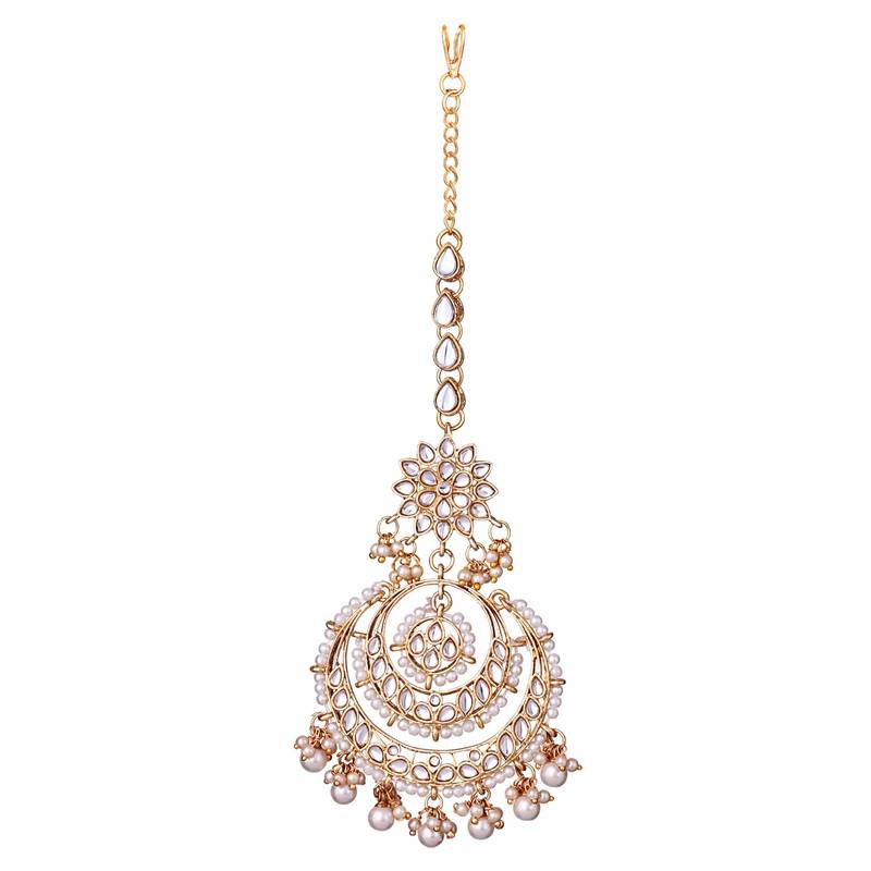 Traditional Wedding Chandbali Kundan & Pearl Earring Set With Maang Tikka for Women 