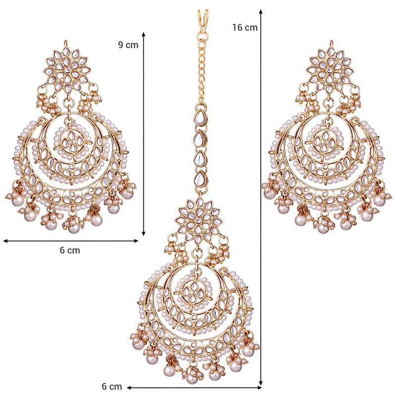 Traditional Wedding Chandbali Kundan & Pearl Earring Set With Maang Tikka for Women 