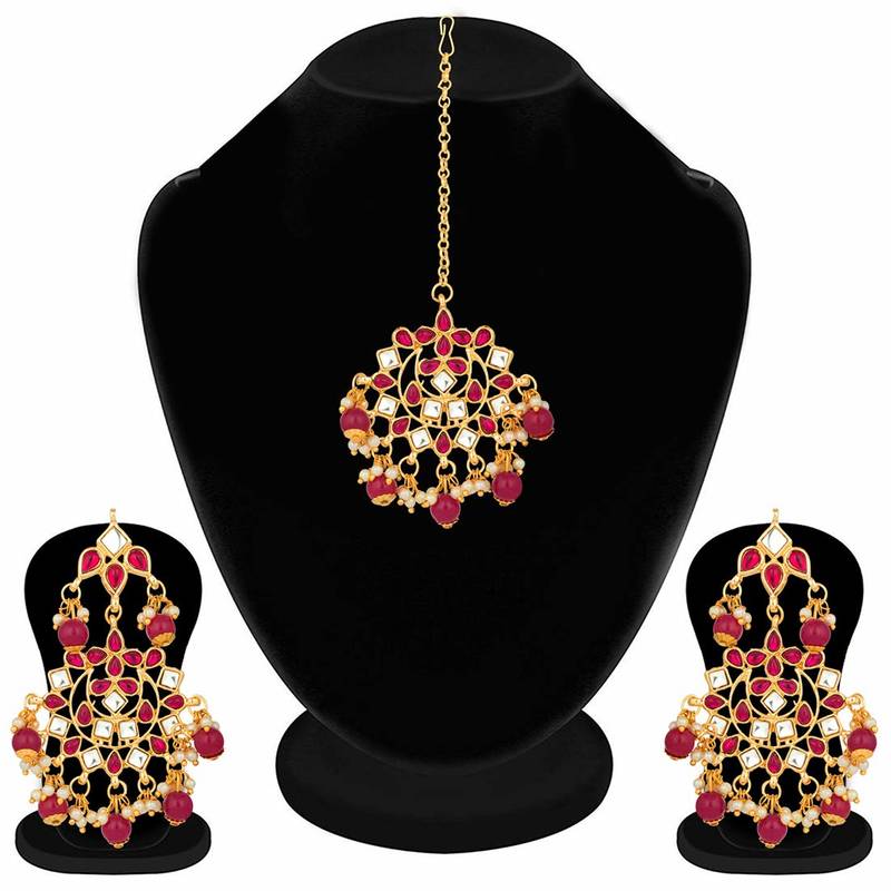 Traditional Gold Plated Pearl & Kundan Maang Tikka With Earring Set