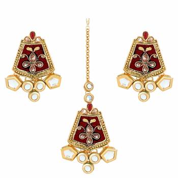 Gold Plated Traditional Kundan Meenakari Earrings with Maang Tikka 1