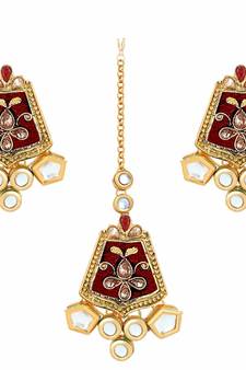 Gold Plated Traditional Kundan Meenakari Earrings with Maang Tikka