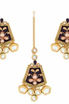 Gold Plated Traditional Kundan Meenakari Earrings with Maang Tikka for Women
