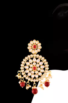 Gold Plated Traditional Kundan & Pearl Earring Set with Maang Tikka for Women