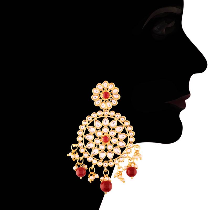 Gold Plated Traditional Kundan & Pearl Earring Set with Maang Tikka for Women