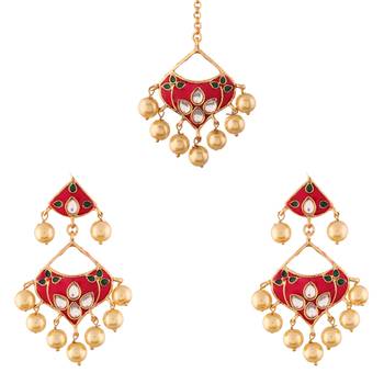 I Jewels Gold Plated Traditional Kundan Meenakari & Pearl Earrings & Maang Tikka Set for Women (TE2500QG) 1