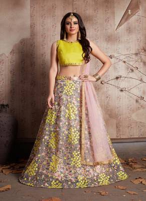 Captivating Baby Pink And Yellow Resham Embroidered Art Silk And Net Semi Stitched Lehenga 1