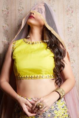 Captivating Baby Pink And Yellow Resham Embroidered Art Silk And Net Semi Stitched Lehenga 3
