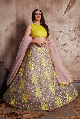 Captivating Baby Pink And Yellow Resham Embroidered Art Silk And Net Semi Stitched Lehenga 4