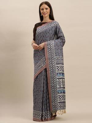 Purple printed linen saree with blouse 1