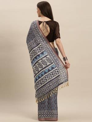 Purple printed linen saree with blouse 2