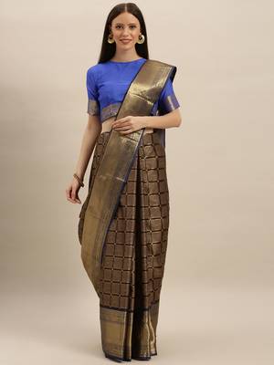 Coffee printed silk blend saree with blouse 1