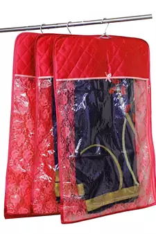 atorakushon   Satin Hanging Saree Cover Garments Wardrobe Organizer Pack of 3 (Maroon)