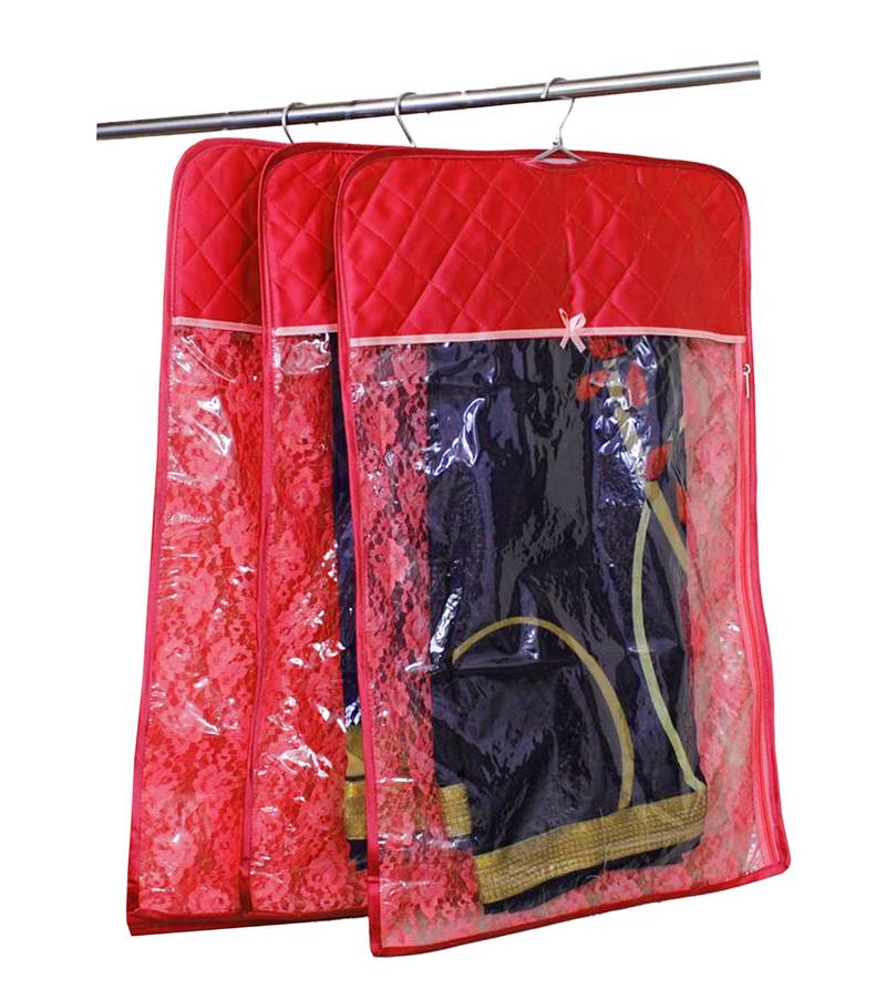 atorakushon   Satin Hanging Saree Cover Garments Wardrobe Organizer Pack of 3 (Maroon)