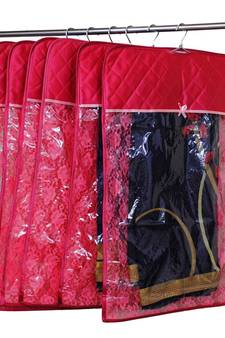 atorakushon   Satin Hanging Saree Cover Garments Wardrobe Organizer Pack of 6 (Maroon)