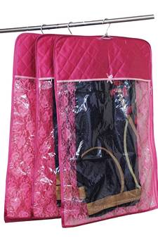 atorakushon   Satin Hanging Saree Cover Garments Wardrobe Organizer Pack of 3 (pink)