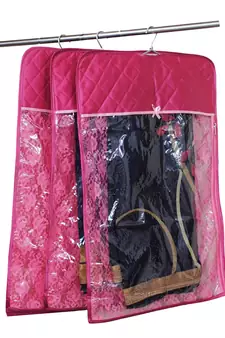 atorakushon   Satin Hanging Saree Cover Garments Wardrobe Organizer Pack of 3 (pink)