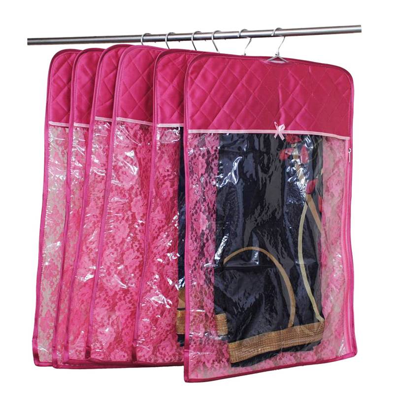 atorakushon   Satin Hanging Saree Cover Garments Wardrobe Organizer Pack of 6 (pink)