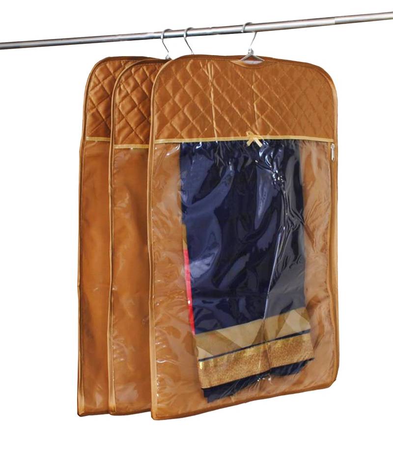 atorakushon   Satin Hanging Saree Cover Garments Wardrobe Organizer Pack of 3 (Golden)