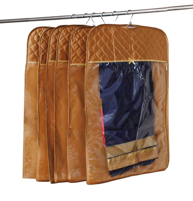 atorakushon   Satin Hanging Saree Cover Garments Wardrobe Organizer Pack of 6 (Golden)