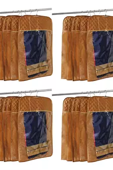 atorakushon   Satin Hanging Saree Cover Garments Wardrobe Organizer Pack of 24 (Golden)