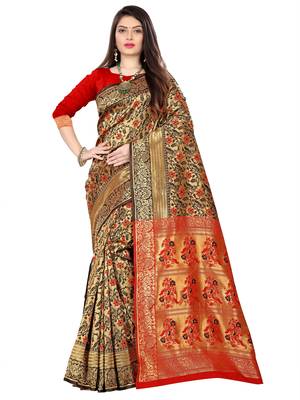 Black And Red Kanjeevaram Saree With Blouse Piece. 1