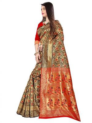Black And Red Kanjeevaram Saree With Blouse Piece. 2