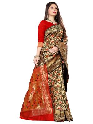 Black And Red Kanjeevaram Saree With Blouse Piece. 3