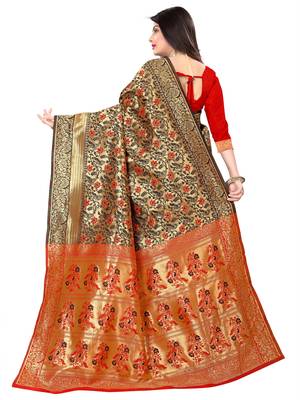 Black And Red Kanjeevaram Saree With Blouse Piece. 4