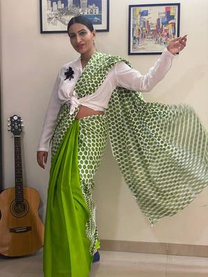 Green Polka Cotton Hand Dyed Saree 1