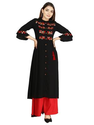 Black embroidered rayon long-kurtis 1