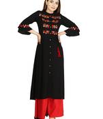 Black embroidered rayon long-kurtis
