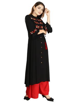 Black embroidered rayon long-kurtis 2