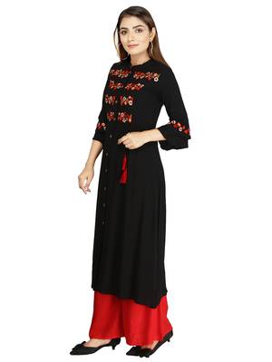 Black embroidered rayon long-kurtis 3