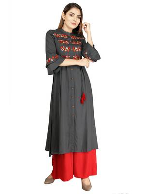 Dark-grey embroidered rayon long-kurtis 1