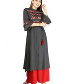Dark-grey embroidered rayon long-kurtis