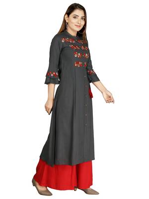 Dark-grey embroidered rayon long-kurtis 2