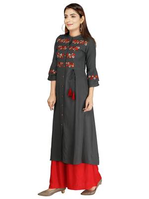 Dark-grey embroidered rayon long-kurtis 3