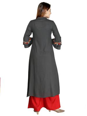 Dark-grey embroidered rayon long-kurtis 4