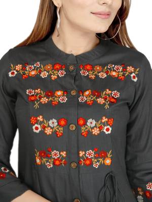 Dark-grey embroidered rayon long-kurtis 5