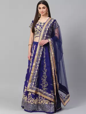 Navy blue embroidered art silk semi stitched lehenga 1
